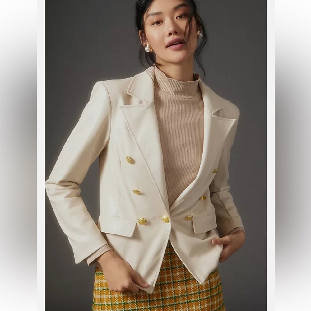 Anthropologie Nico Faux Leather Fitted Double Breasted Cream Blazer Jacket XS